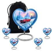 Pastel Blue Car Cremation Urn close-up of engraving and surface detail - heart-shaped car design symbolizing eternal love - memorial set with one large and four small urns
