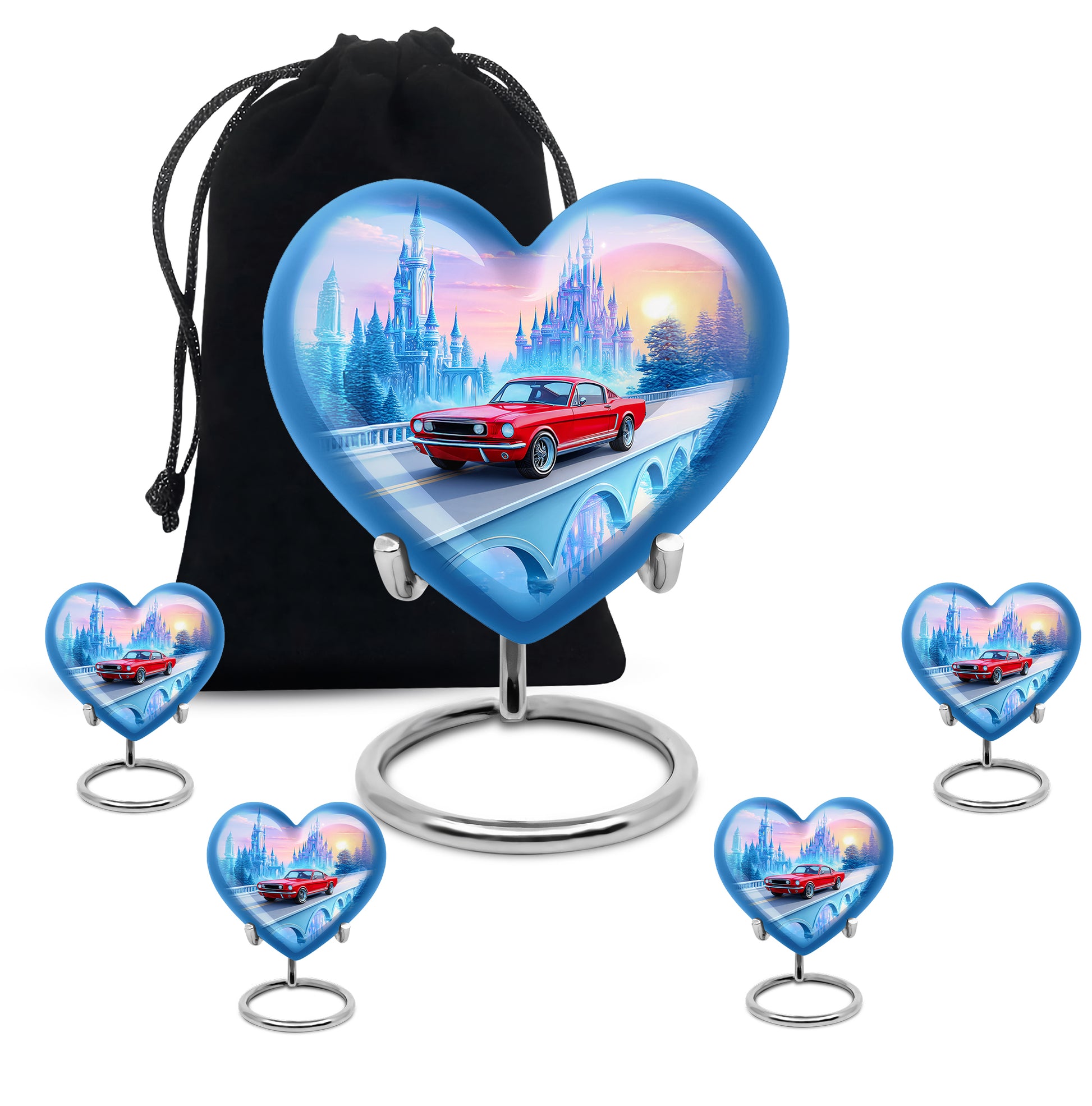Pastel Blue Car Cremation Urn close-up of engraving and surface detail - heart-shaped car design symbolizing eternal love - memorial set with one large and four small urns