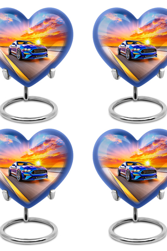 Azure Car Cremation Urn angled view of lid and engraved motif - heart-shaped car design symbolizing eternal love - 10 inch aluminum urn for cremated remains