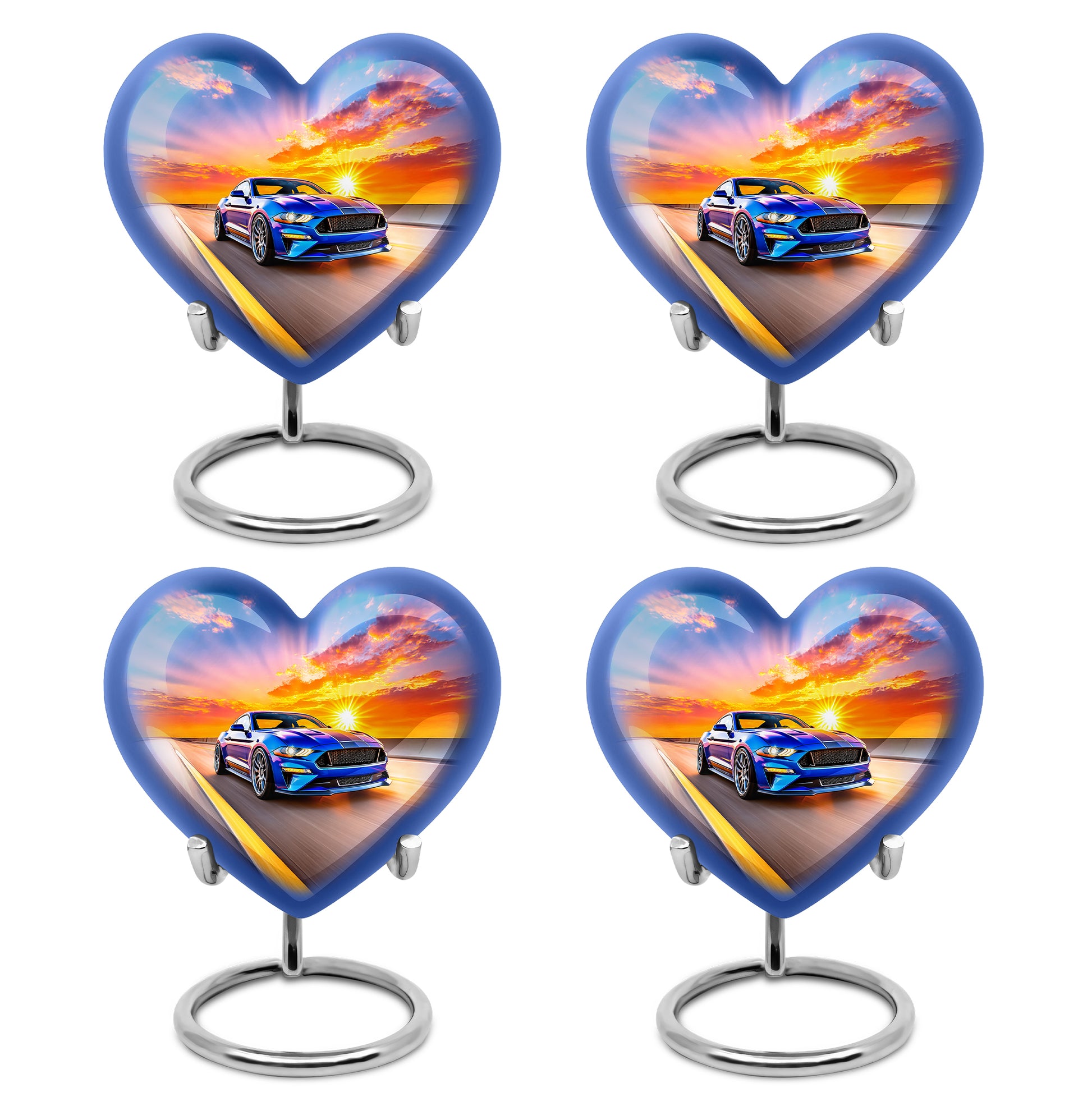 Azure Car Cremation Urn angled view of lid and engraved motif - heart-shaped car design symbolizing eternal love - 10 inch aluminum urn for cremated remains