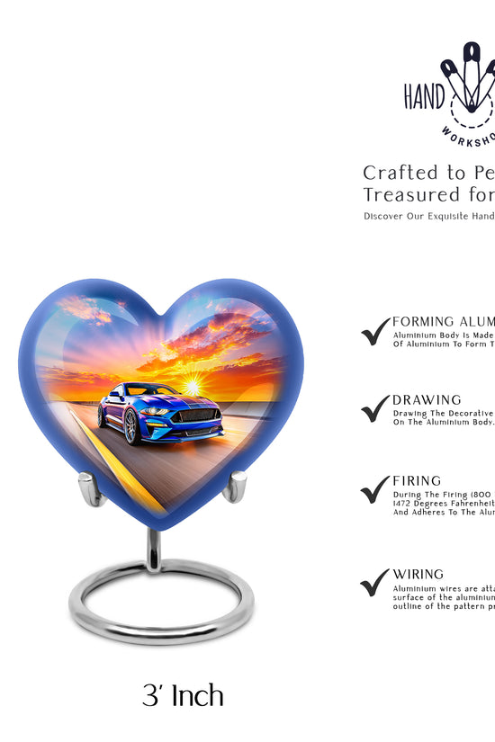 Soft Blue Car Cremation Urn front view showing detailed design - compassionate heart-car combination with gentle curves - mini keepsake memorial for portion of cremation ashes