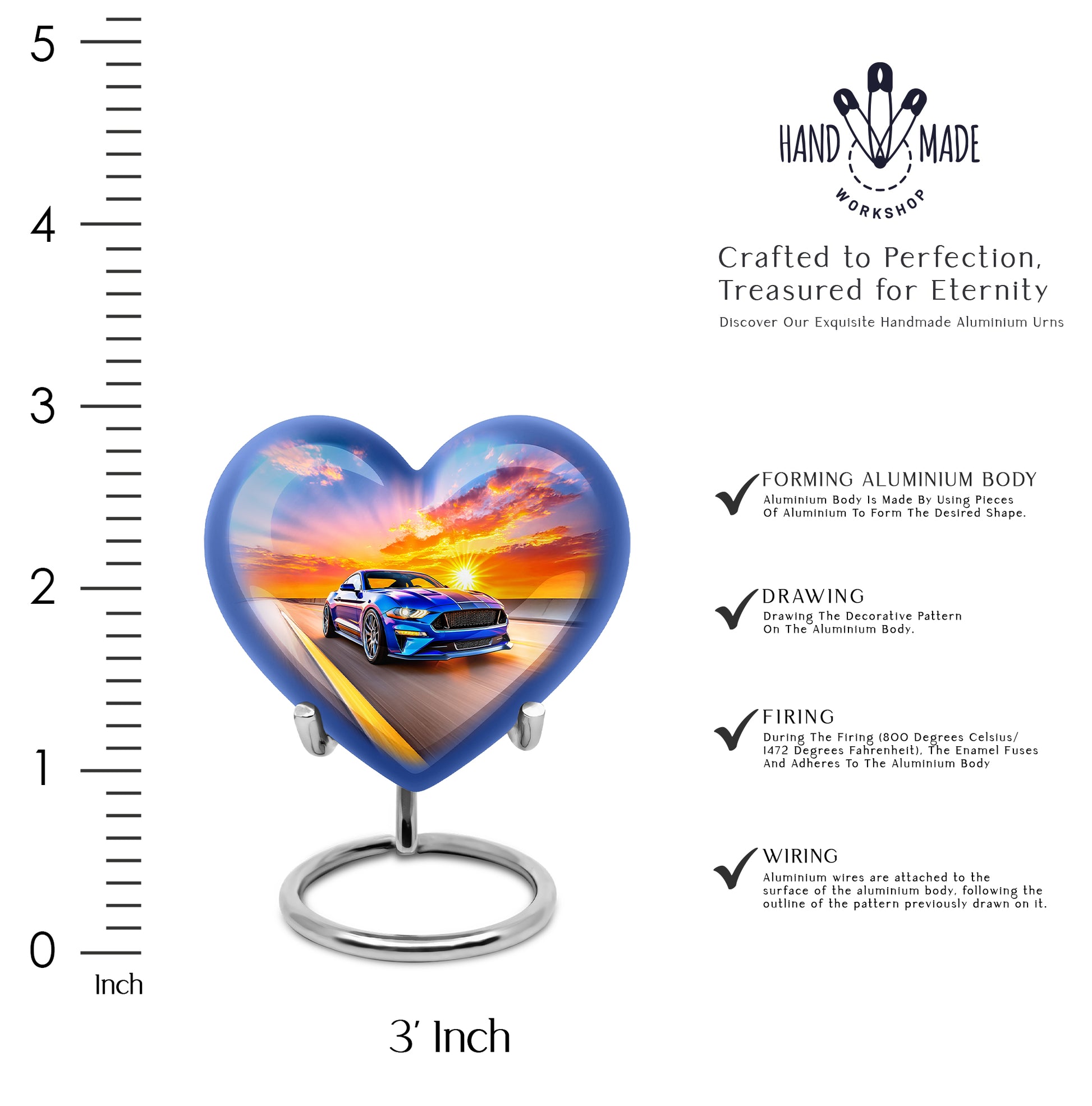 Soft Blue Car Cremation Urn front view showing detailed design - compassionate heart-car combination with gentle curves - mini keepsake memorial for portion of cremation ashes