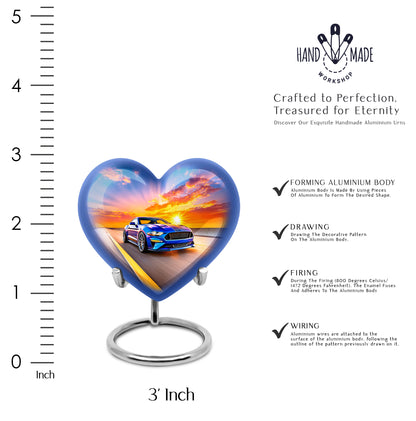 Soft Blue Car Cremation Urn front view showing detailed design - compassionate heart-car combination with gentle curves - mini keepsake memorial for portion of cremation ashes