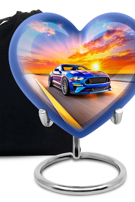 Cobalt Blue Car Cremation Urn detail view - romantic heart urn with car motif on aluminum - full-size 10 inch 200 cubic inch adult cremation urn