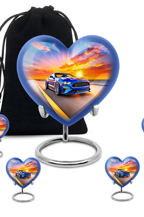 Vivid Blue Car Cremation Urn close-up of engraving and surface detail - compassionate heart-car combination with gentle curves - memorial set with one large and four small urns