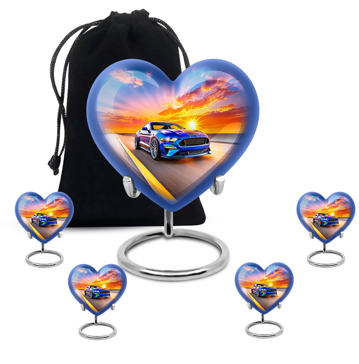 Vivid Blue Car Cremation Urn close-up of engraving and surface detail - compassionate heart-car combination with gentle curves - memorial set with one large and four small urns