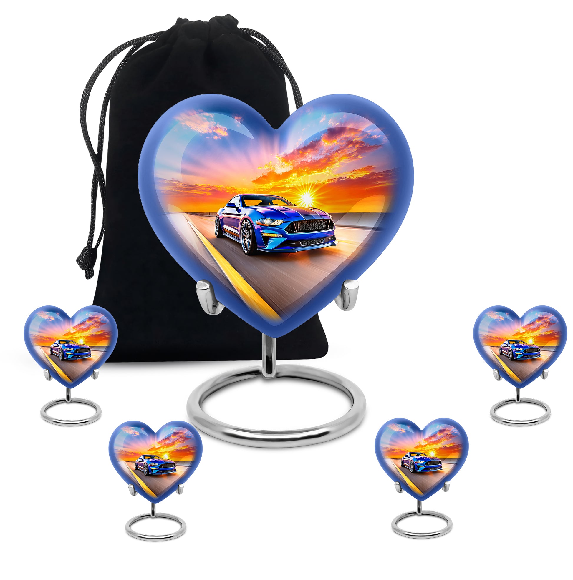 Vivid Blue Car Cremation Urn close-up of engraving and surface detail - compassionate heart-car combination with gentle curves - memorial set with one large and four small urns
