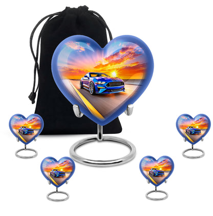Vivid Blue Car Cremation Urn close-up of engraving and surface detail - compassionate heart-car combination with gentle curves - memorial set with one large and four small urns
