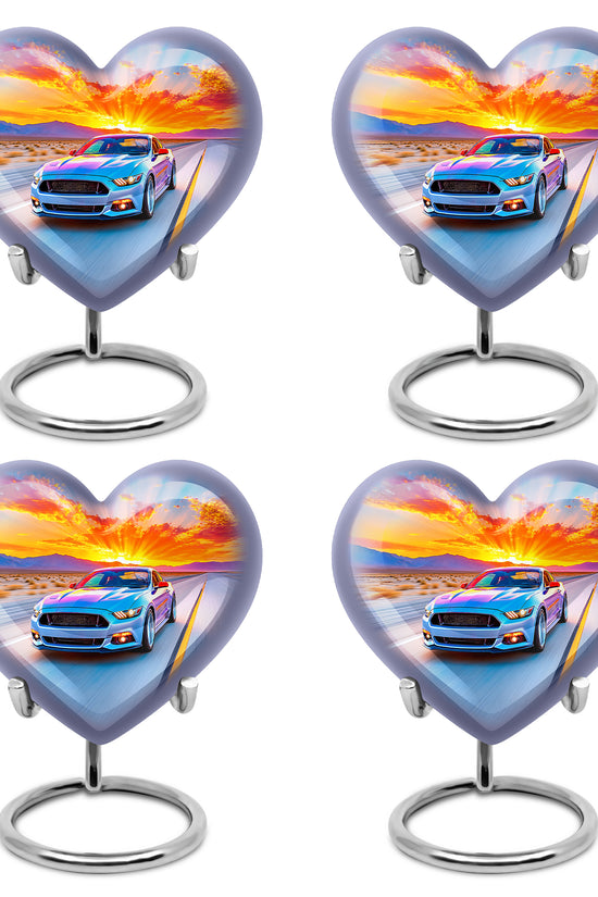 Icy Blue Car Cremation Urn angled view of lid and engraved motif - heart-shaped car design symbolizing eternal love - 10 inch aluminum urn for cremated remains