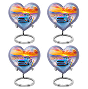 Icy Blue Car Cremation Urn angled view of lid and engraved motif - heart-shaped car design symbolizing eternal love - 10 inch aluminum urn for cremated remains