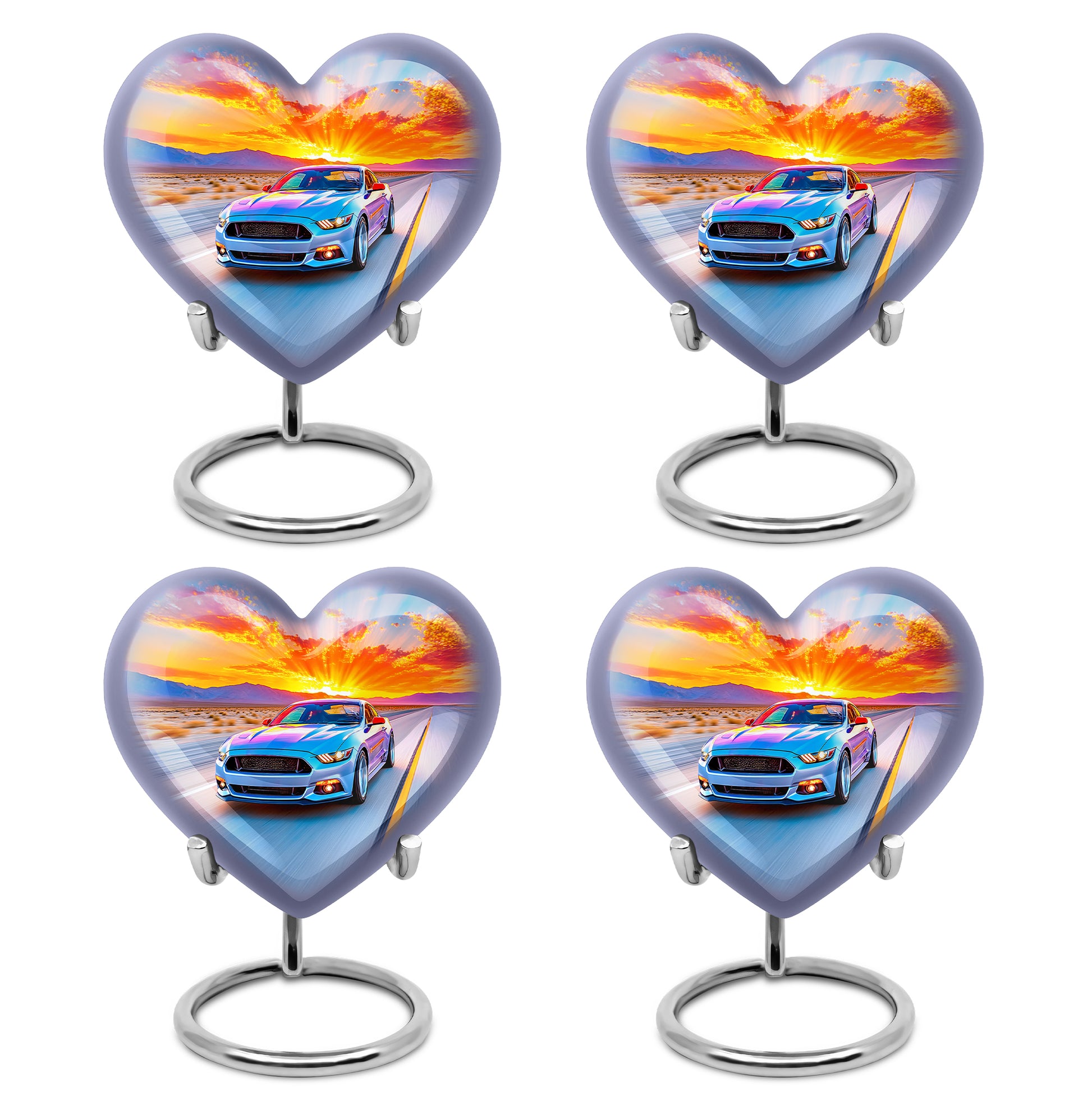 Icy Blue Car Cremation Urn angled view of lid and engraved motif - heart-shaped car design symbolizing eternal love - 10 inch aluminum urn for cremated remains