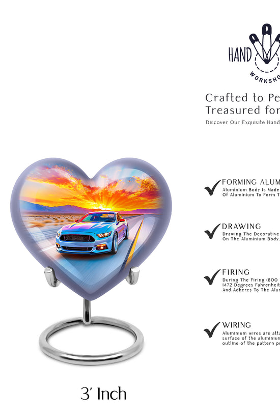 Soft Blue Car Cremation Urn front view showing detailed design - romantic heart urn with car motif on aluminum - mini keepsake memorial for portion of cremation ashes