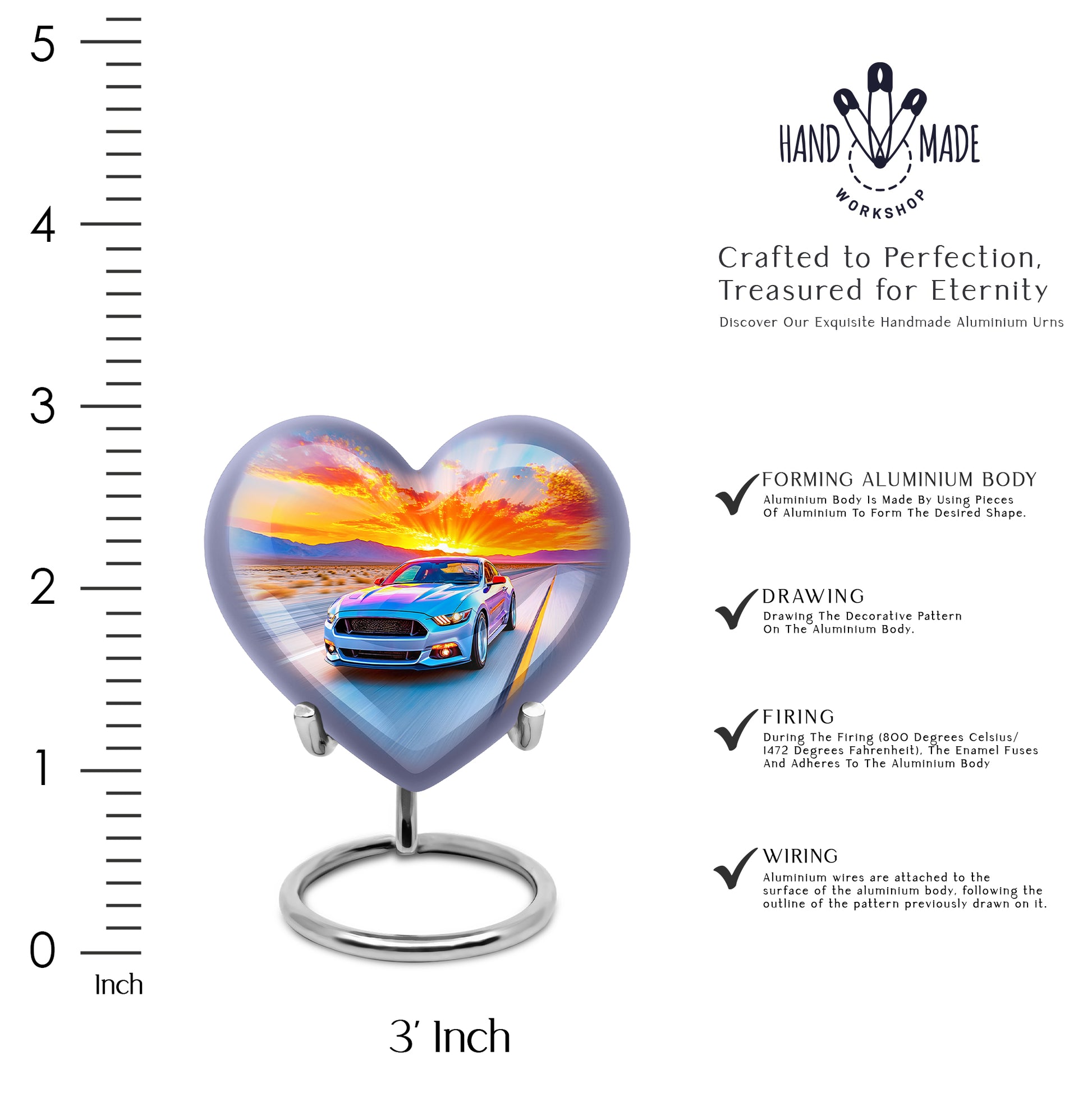 Soft Blue Car Cremation Urn front view showing detailed design - romantic heart urn with car motif on aluminum - mini keepsake memorial for portion of cremation ashes
