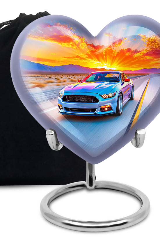 Azure Car Cremation Urn detail view - heart-shaped car design symbolizing eternal love - full-size 10 inch 200 cubic inch adult cremation urn