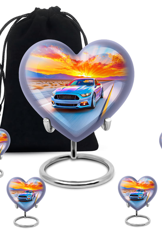 Sapphire Blue Car Cremation Urn close-up of engraving and surface detail - compassionate heart-car combination with gentle curves - memorial set with one large and four small urns