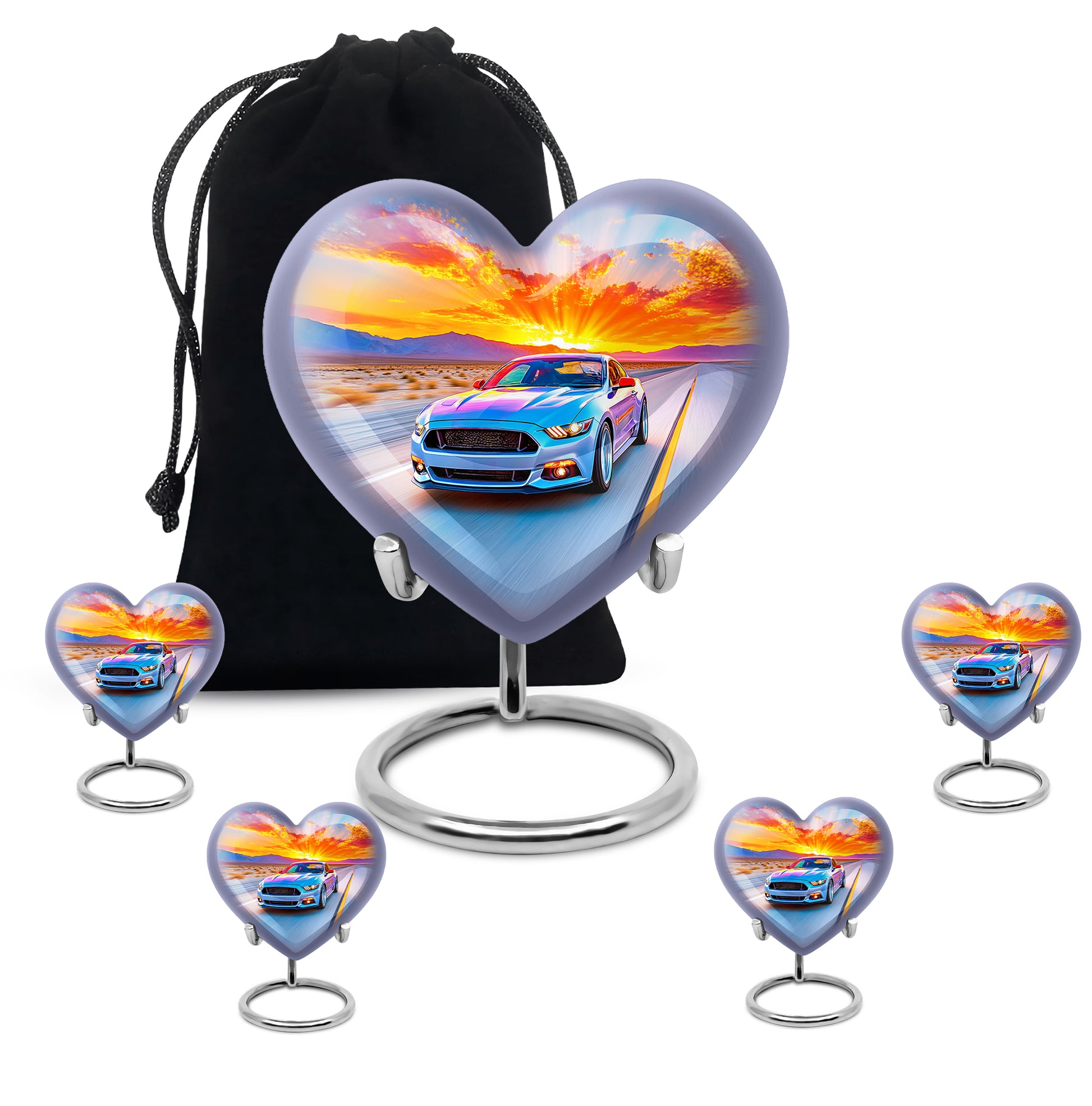 Sapphire Blue Car Cremation Urn close-up of engraving and surface detail - compassionate heart-car combination with gentle curves - memorial set with one large and four small urns
