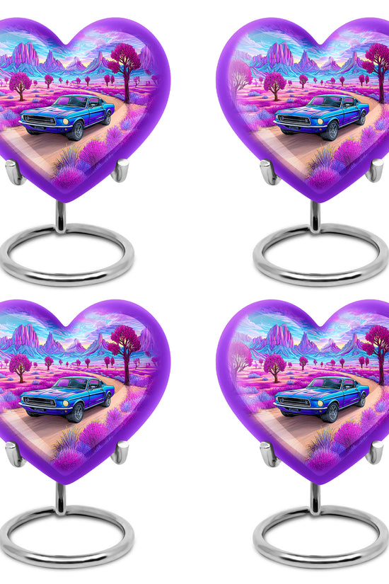 Slate Blue Car Cremation Urn angled view of lid and engraved motif - loving heart memorial featuring car pattern - 10 inch aluminum urn for cremated remains