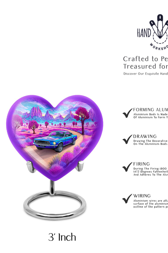 Dusty Blue Car Cremation Urn front view showing detailed design - loving heart memorial featuring car pattern - mini keepsake memorial for portion of cremation ashes