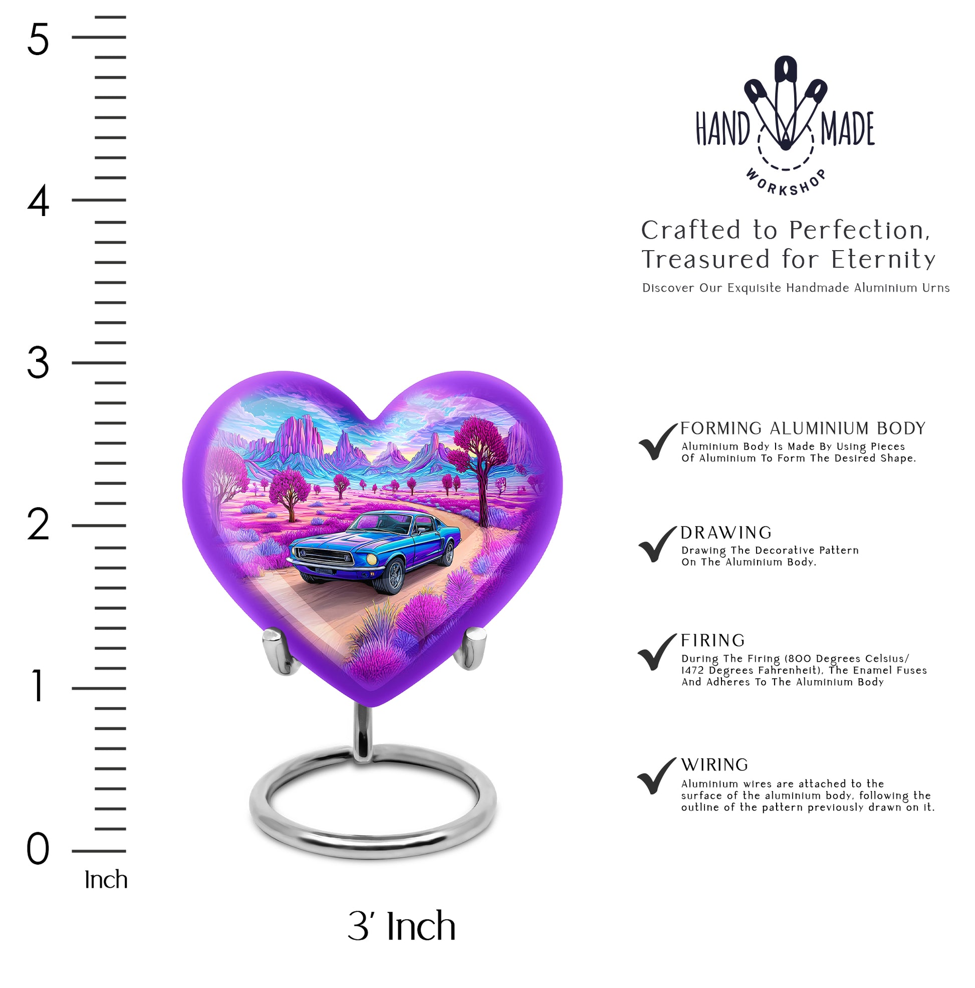 Dusty Blue Car Cremation Urn front view showing detailed design - loving heart memorial featuring car pattern - mini keepsake memorial for portion of cremation ashes