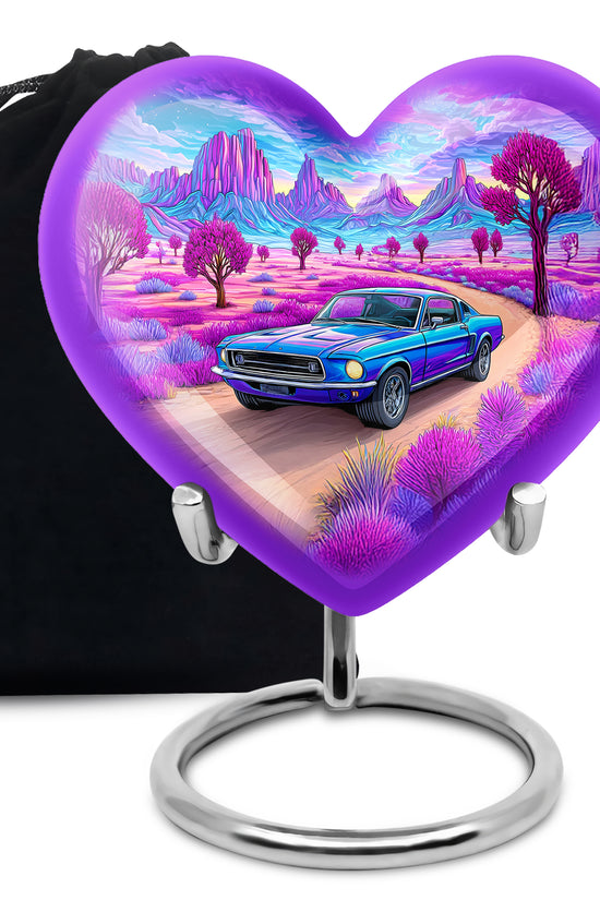 Sky Blue Car Cremation Urn detail view - loving heart memorial featuring car pattern - full-size 10 inch 200 cubic inch adult cremation urn