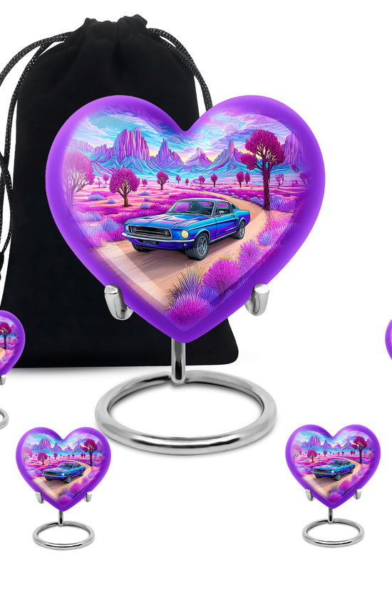 Serene Blue Car Cremation Urn close-up of engraving and surface detail - romantic heart urn with car motif on aluminum - memorial set with one large and four small urns
