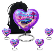 Serene Blue Car Cremation Urn close-up of engraving and surface detail - romantic heart urn with car motif on aluminum - memorial set with one large and four small urns