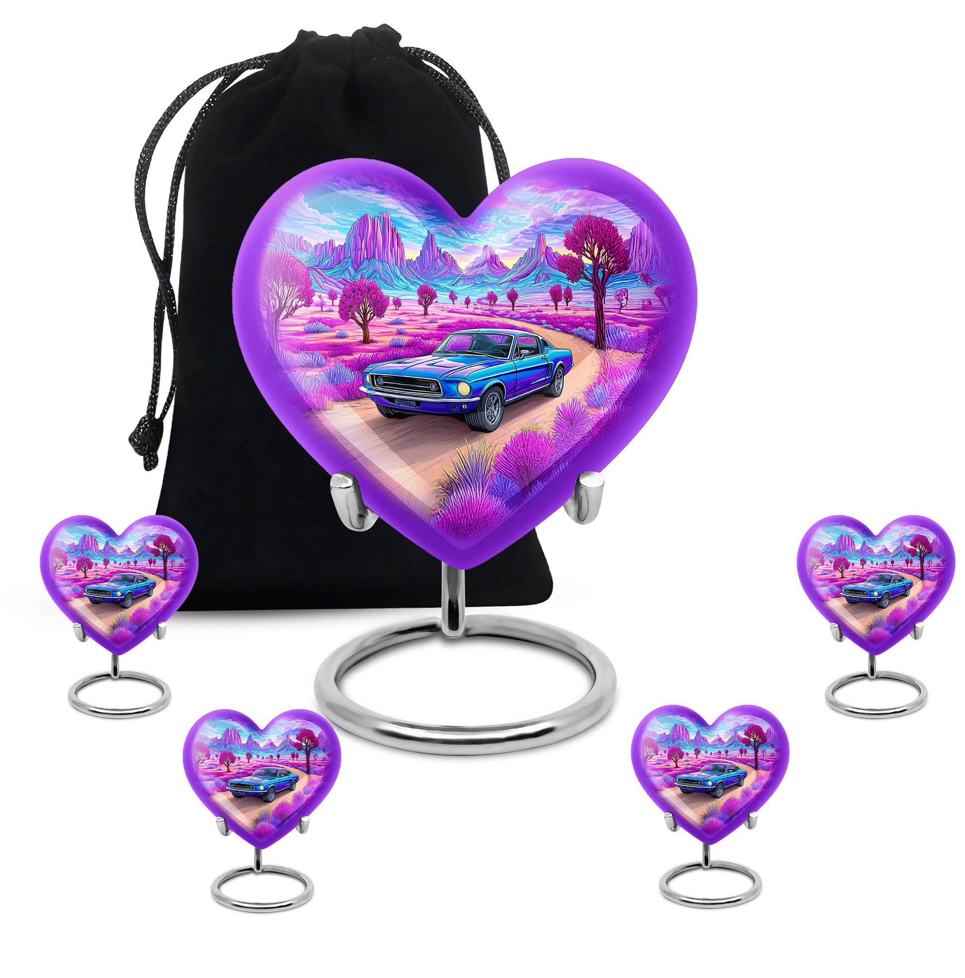Serene Blue Car Cremation Urn close-up of engraving and surface detail - romantic heart urn with car motif on aluminum - memorial set with one large and four small urns