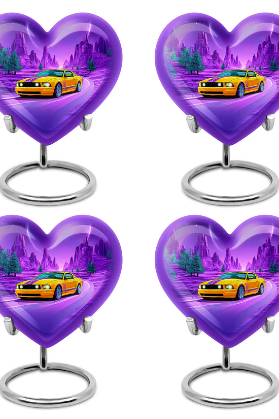 Misty Blue Car Cremation Urn angled view of lid and engraved motif - heart-shaped car design symbolizing eternal love - 10 inch aluminum urn for cremated remains