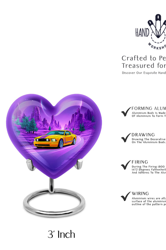 Serene Blue Car Cremation Urn front view showing detailed design - romantic heart urn with car motif on aluminum - mini keepsake memorial for portion of cremation ashes