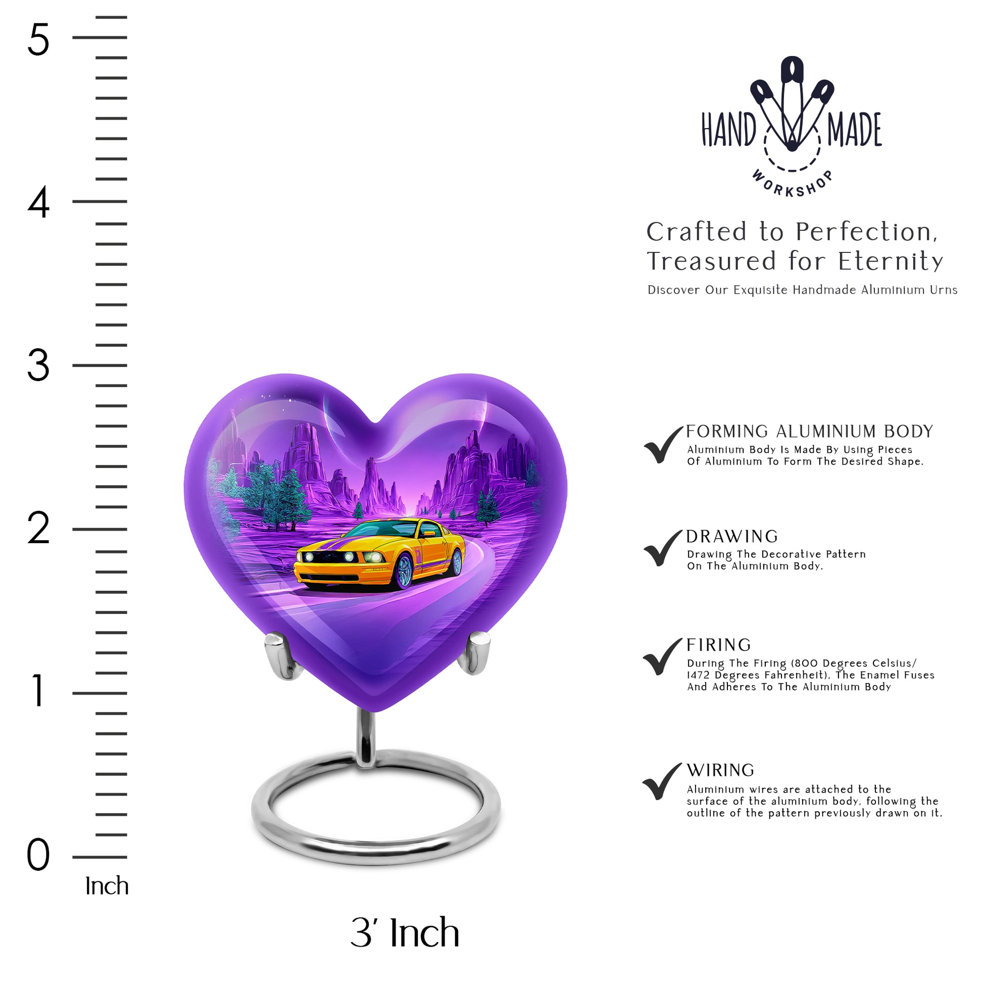 Serene Blue Car Cremation Urn front view showing detailed design - romantic heart urn with car motif on aluminum - mini keepsake memorial for portion of cremation ashes