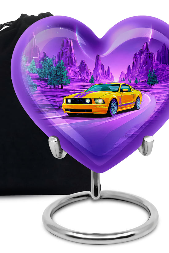 Calming Blue Car Cremation Urn detail view - compassionate heart-car combination with gentle curves - full-size 10 inch 200 cubic inch adult cremation urn
