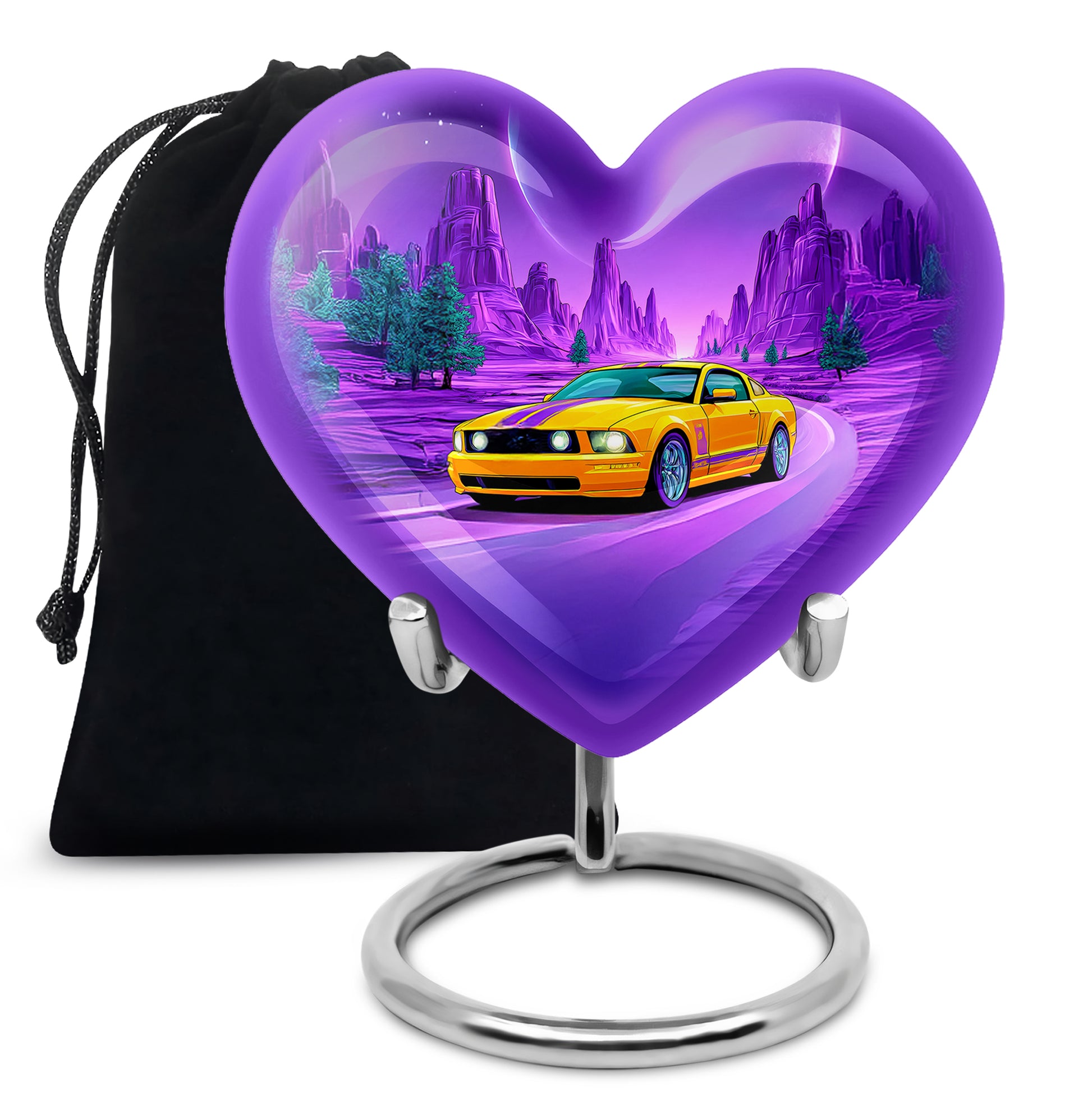 Calming Blue Car Cremation Urn detail view - compassionate heart-car combination with gentle curves - full-size 10 inch 200 cubic inch adult cremation urn