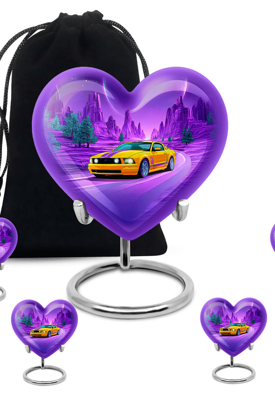Navy Blue Car Cremation Urn close-up of engraving and surface detail - loving heart memorial featuring car pattern - memorial set with one large and four small urns