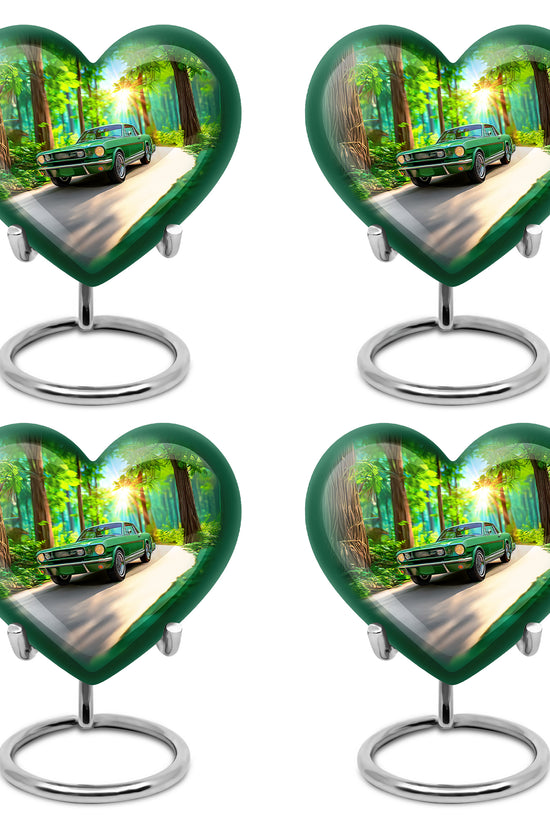 Pine Green Car Cremation Urn angled view of lid and engraved motif - romantic heart urn with car motif on aluminum - 10 inch aluminum urn for cremated remains