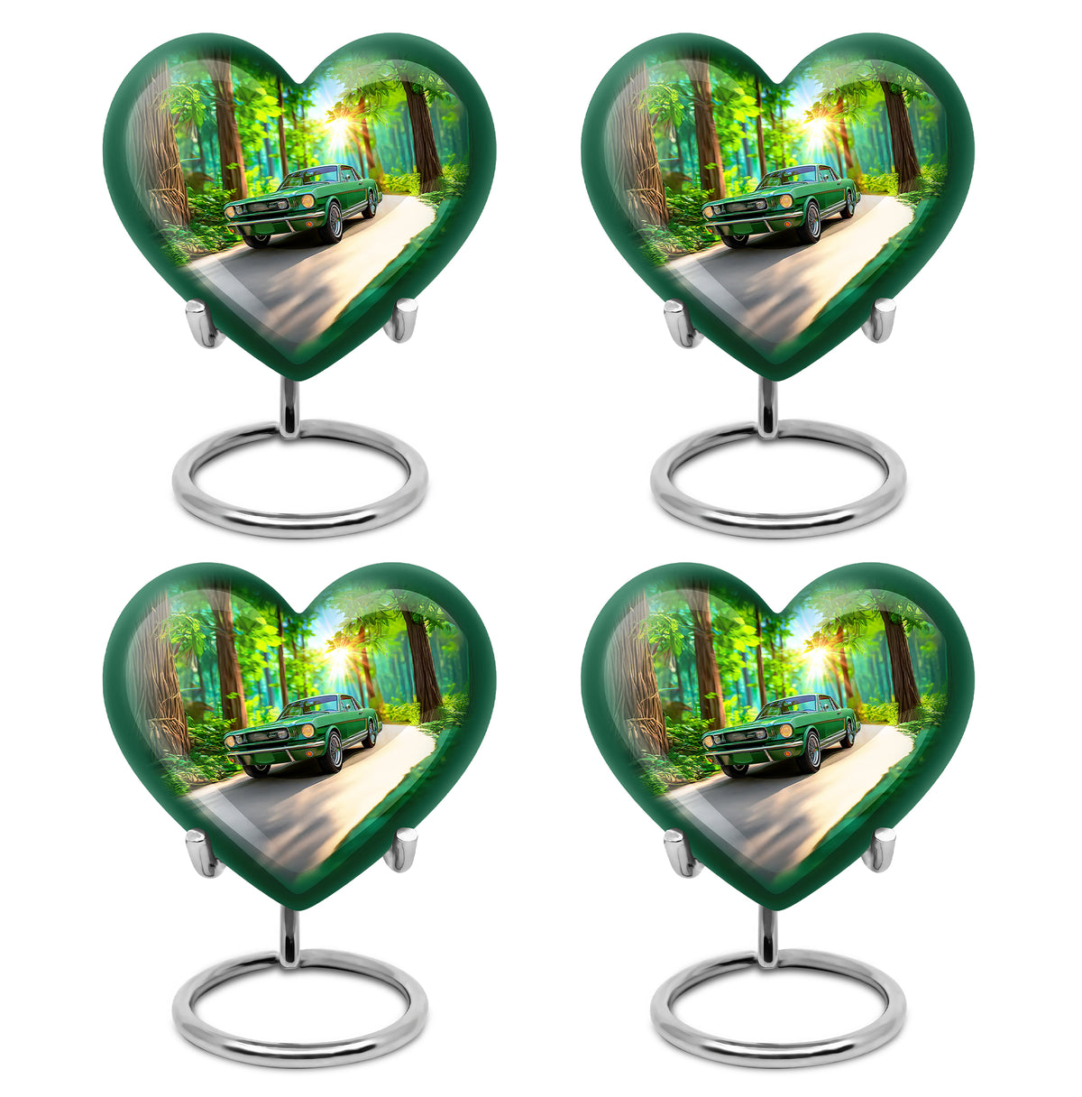 Pine Green Car Cremation Urn angled view of lid and engraved motif - romantic heart urn with car motif on aluminum - 10 inch aluminum urn for cremated remains