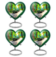 Pine Green Car Cremation Urn angled view of lid and engraved motif - romantic heart urn with car motif on aluminum - 10 inch aluminum urn for cremated remains