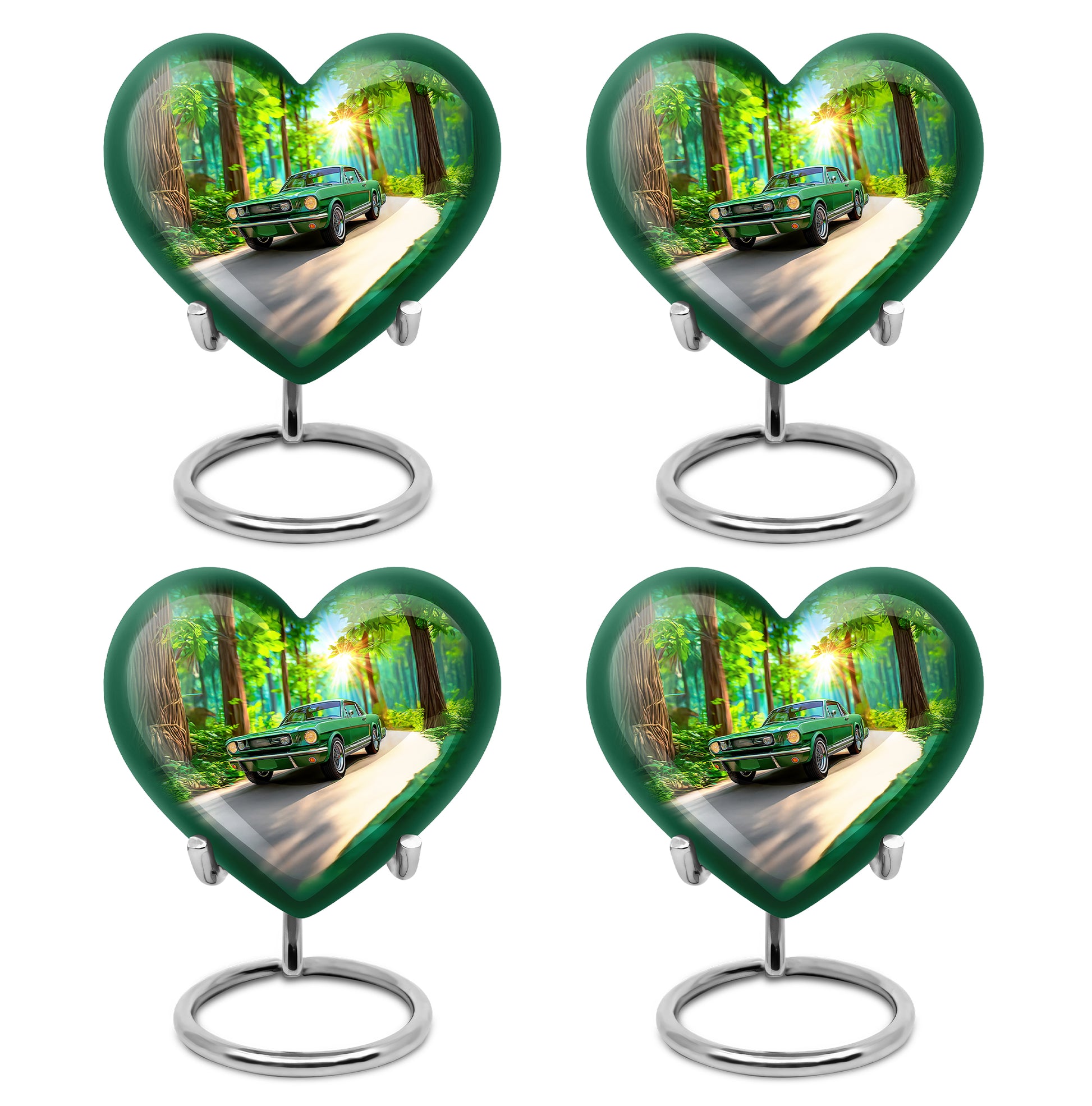 Pine Green Car Cremation Urn angled view of lid and engraved motif - romantic heart urn with car motif on aluminum - 10 inch aluminum urn for cremated remains