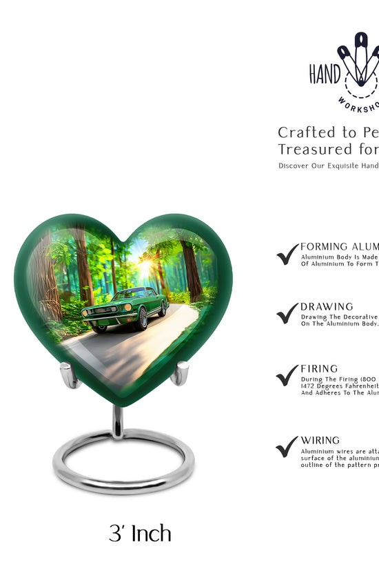 Olive Green Car Cremation Urn front view showing detailed design - compassionate heart-car combination with gentle curves - mini keepsake memorial for portion of cremation ashes