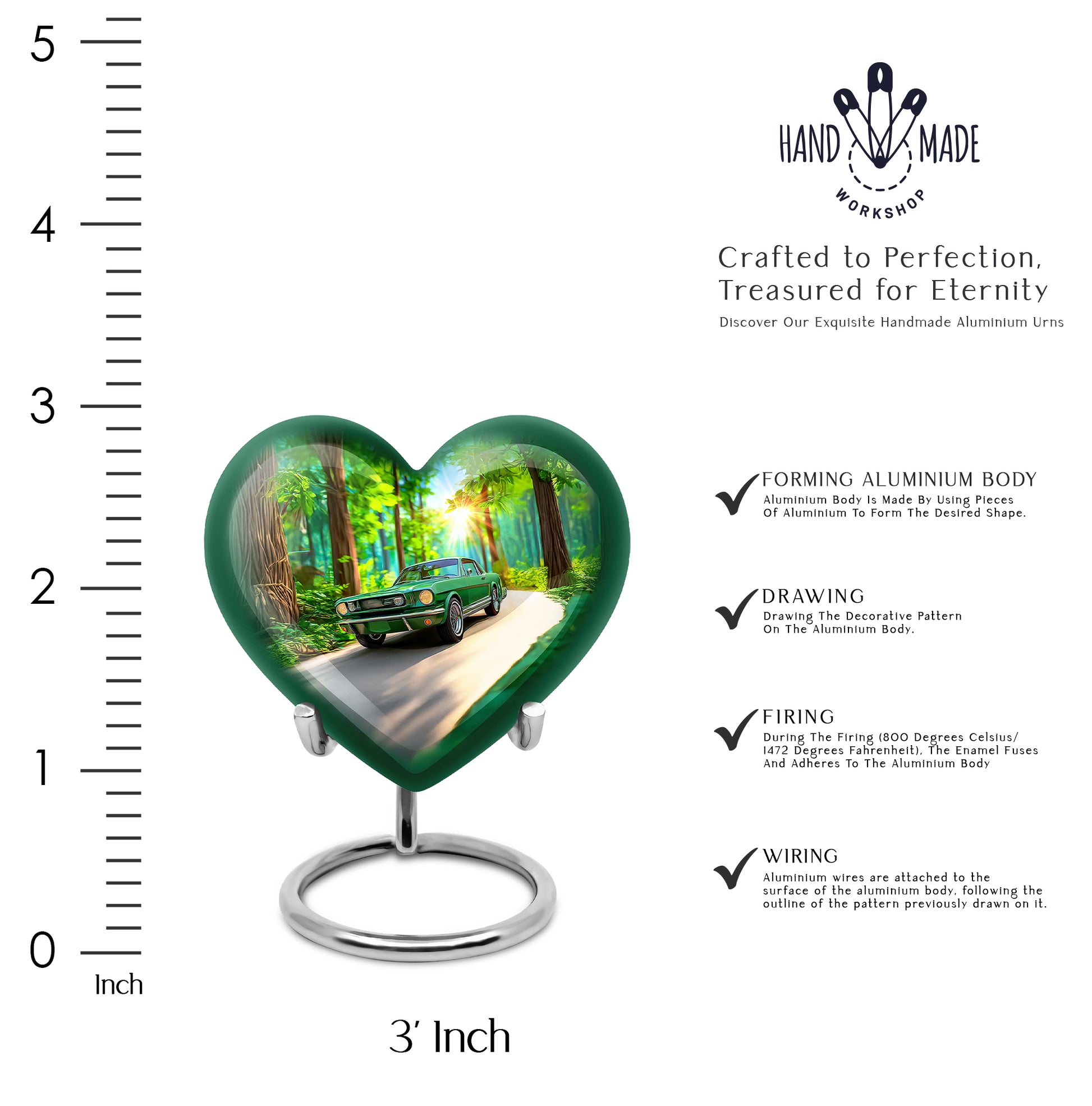 Olive Green Car Cremation Urn front view showing detailed design - compassionate heart-car combination with gentle curves - mini keepsake memorial for portion of cremation ashes