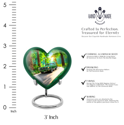 Olive Green Car Cremation Urn front view showing detailed design - compassionate heart-car combination with gentle curves - mini keepsake memorial for portion of cremation ashes