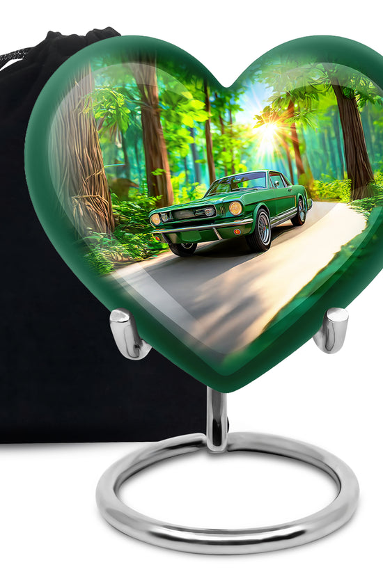 Mint Green Car Cremation Urn detail view - compassionate heart-car combination with gentle curves - full-size 10 inch 200 cubic inch adult cremation urn