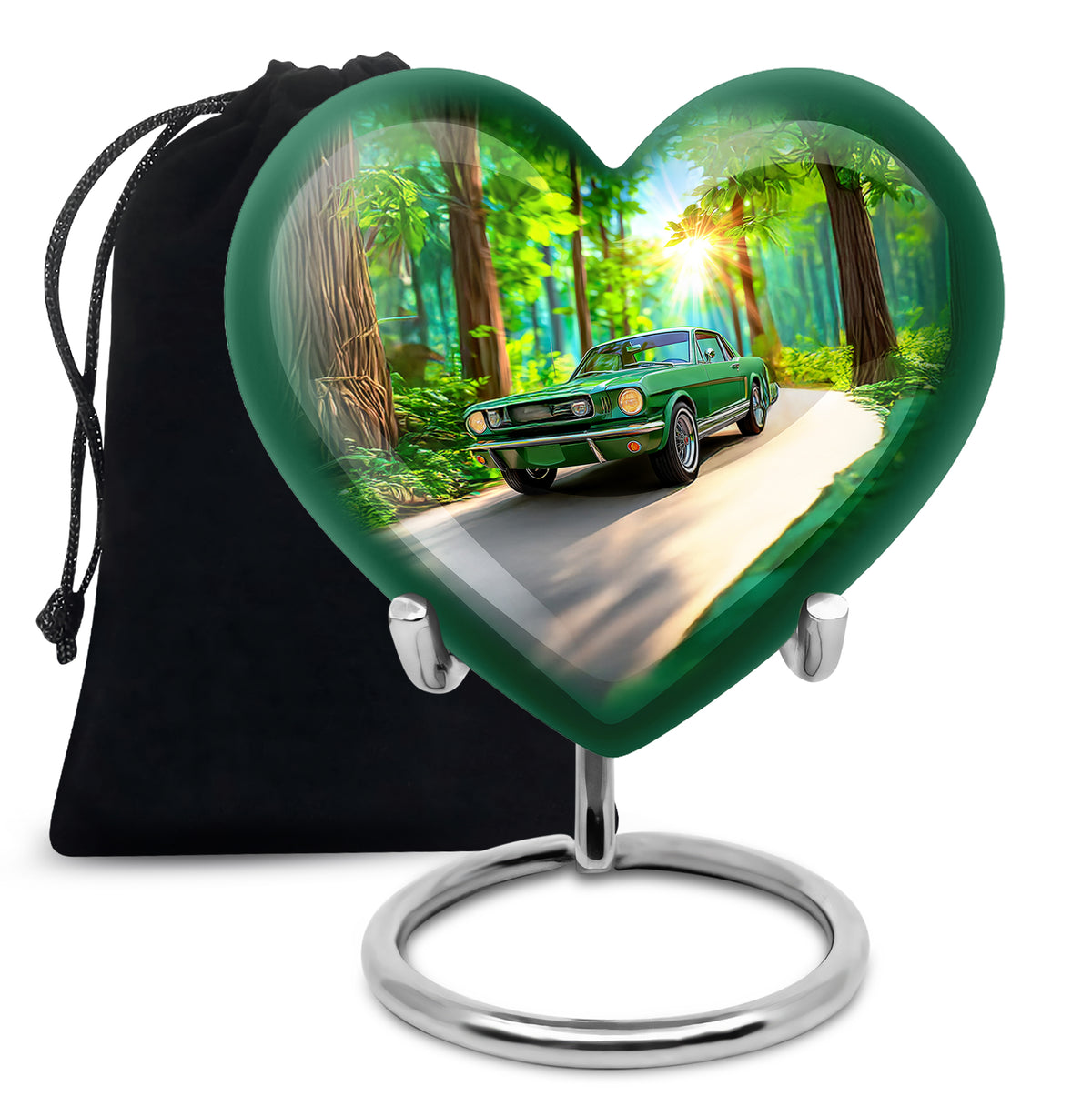 Mint Green Car Cremation Urn detail view - compassionate heart-car combination with gentle curves - full-size 10 inch 200 cubic inch adult cremation urn