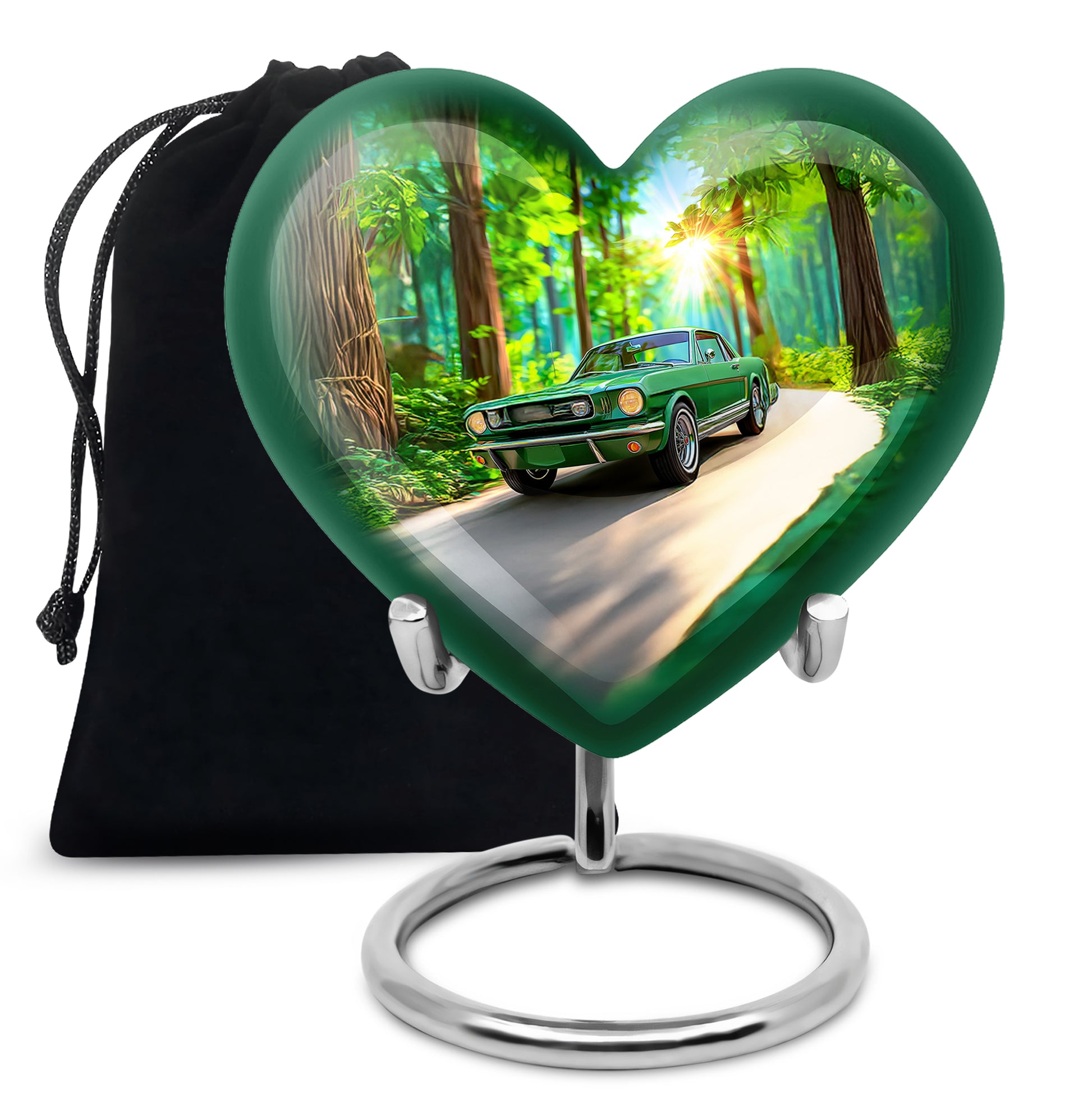 Mint Green Car Cremation Urn detail view - compassionate heart-car combination with gentle curves - full-size 10 inch 200 cubic inch adult cremation urn