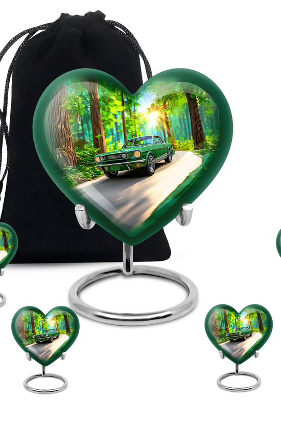Forest Green Car Cremation Urn close-up of engraving and surface detail - compassionate heart-car combination with gentle curves - memorial set with one large and four small urns