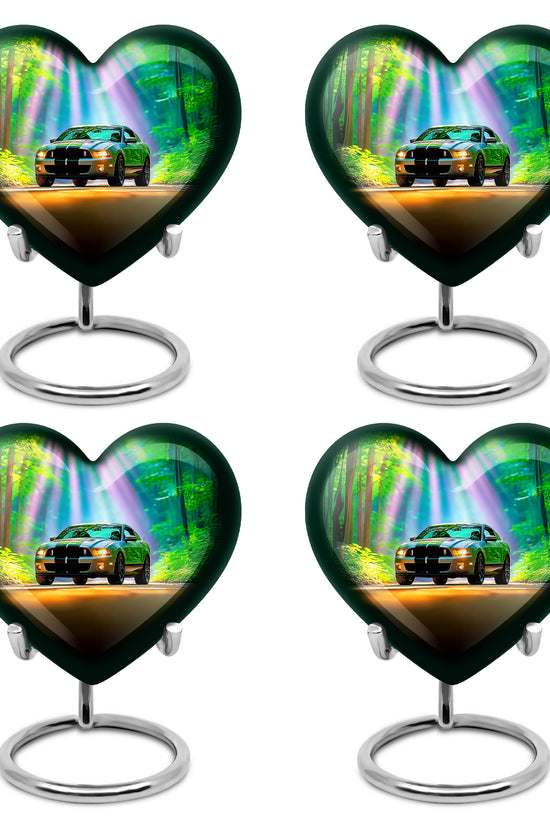 Aqua Teal Car Cremation Urn angled view of lid and engraved motif - compassionate heart-car combination with gentle curves - 10 inch aluminum urn for cremated remains