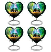 Aqua Teal Car Cremation Urn angled view of lid and engraved motif - compassionate heart-car combination with gentle curves - 10 inch aluminum urn for cremated remains