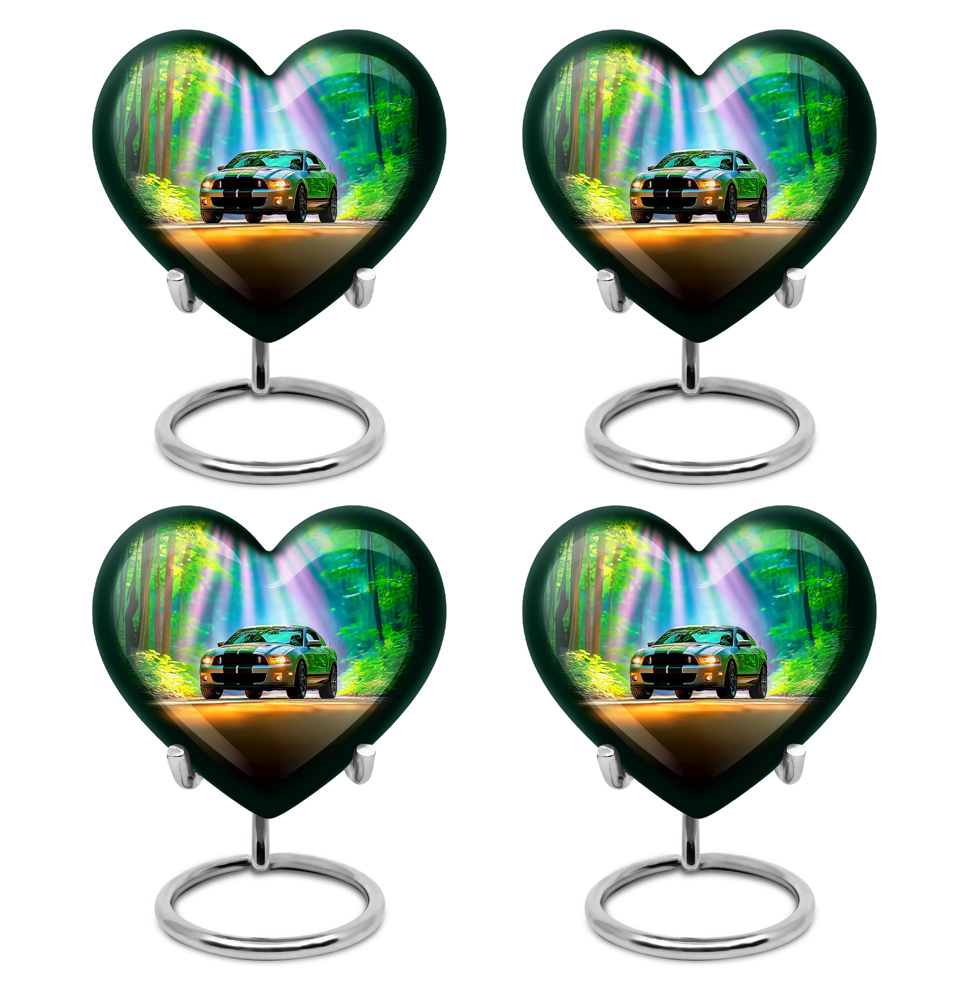 Aqua Teal Car Cremation Urn angled view of lid and engraved motif - compassionate heart-car combination with gentle curves - 10 inch aluminum urn for cremated remains
