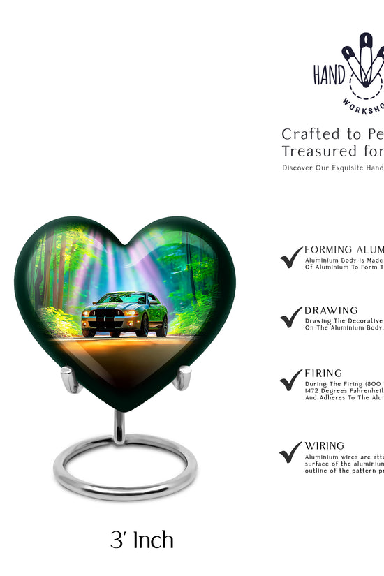 Soft Teal Car Cremation Urn front view showing detailed design - loving heart memorial featuring car pattern - mini keepsake memorial for portion of cremation ashes