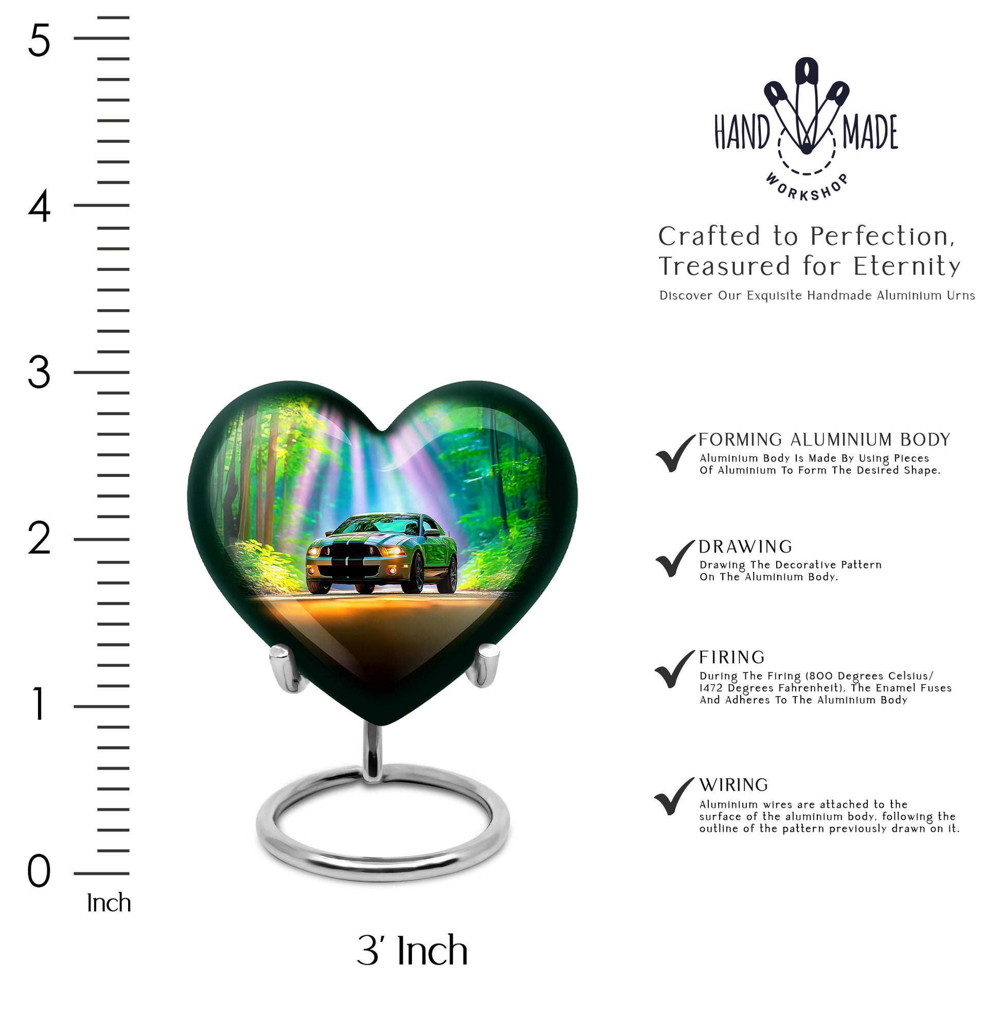 Soft Teal Car Cremation Urn front view showing detailed design - loving heart memorial featuring car pattern - mini keepsake memorial for portion of cremation ashes