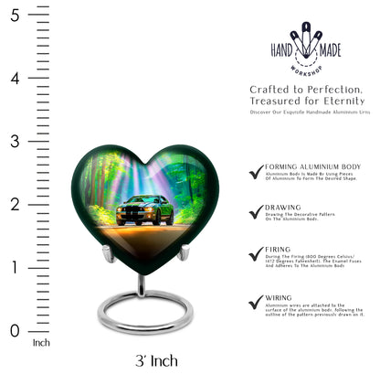 Soft Teal Car Cremation Urn front view showing detailed design - loving heart memorial featuring car pattern - mini keepsake memorial for portion of cremation ashes